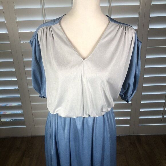 Vtg 70 Act I Blue Silver Blouson Disco Polyester Dress Medium Stretch 1/2 Sleeve - Picture 11 of 12